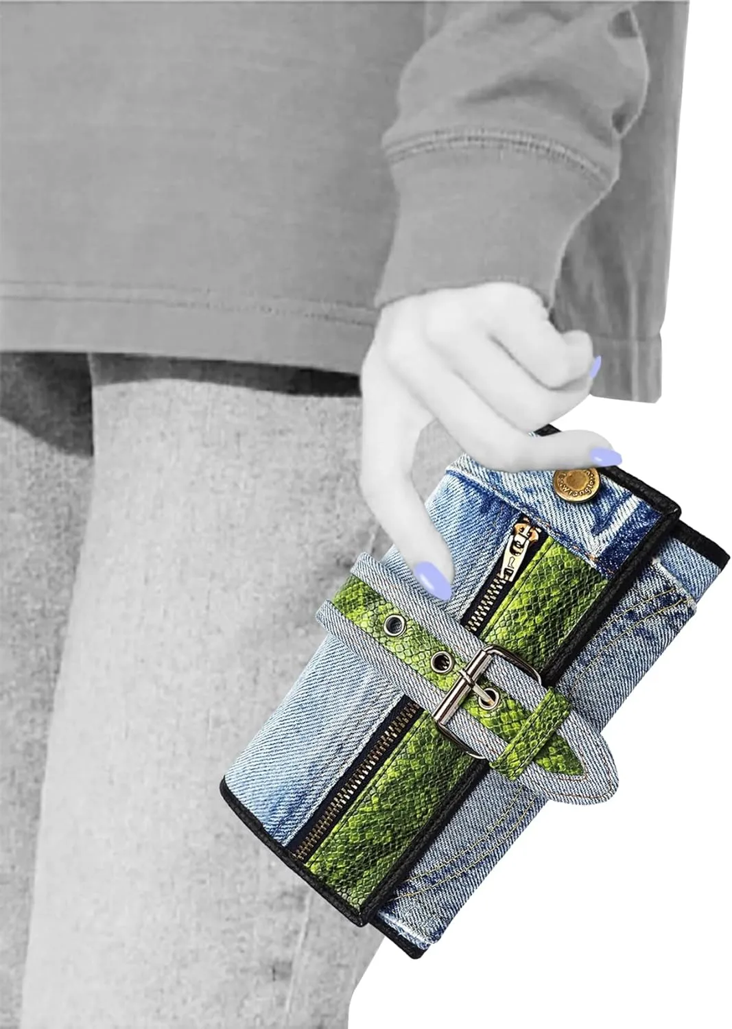 Upcycling Bifold Denim Wallet Decorated Snake skin PU leather Zipper and Buckle Accents Long Wallet Clutch Purse for Women (Green)