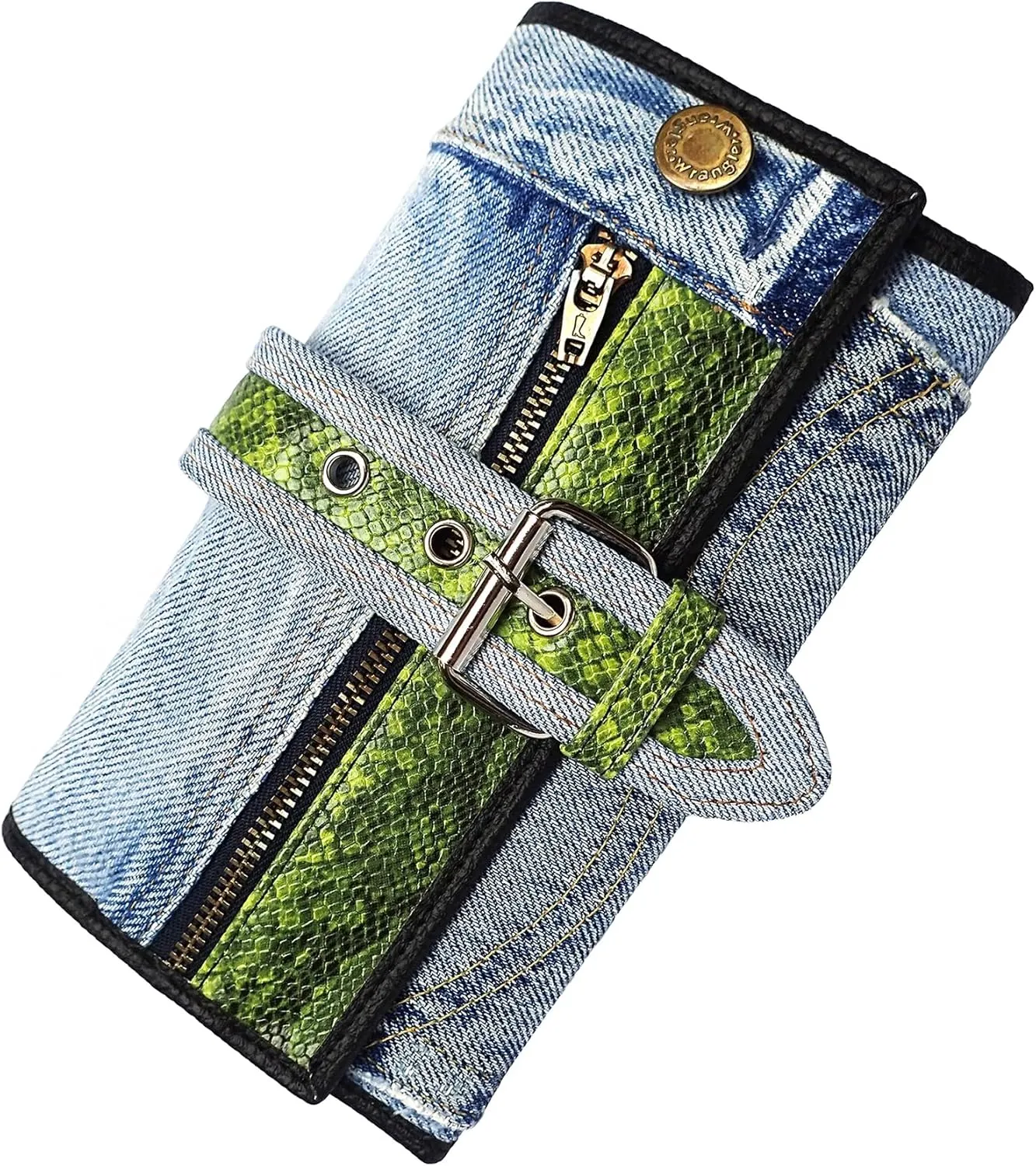 Upcycling Bifold Denim Wallet Decorated Snake skin PU leather Zipper and Buckle Accents Long Wallet Clutch Purse for Women (Green)