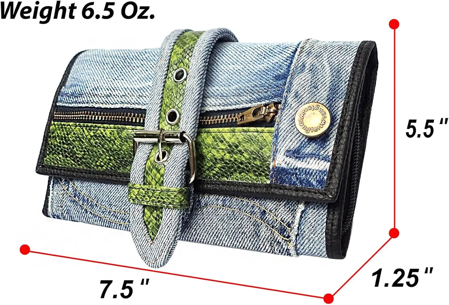Upcycling Bifold Denim Wallet Decorated Snake skin PU leather Zipper and Buckle Accents Long Wallet Clutch Purse for Women (Green)