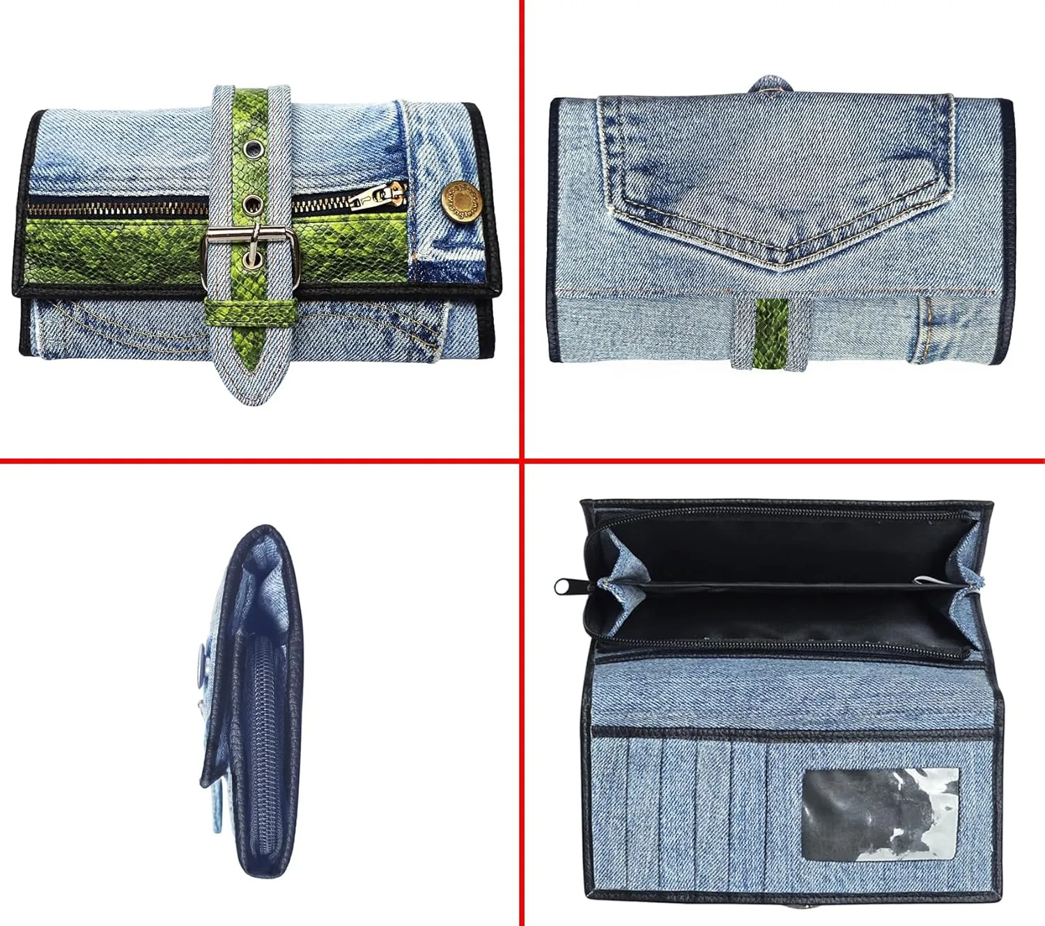 Upcycling Bifold Denim Wallet Decorated Snake skin PU leather Zipper and Buckle Accents Long Wallet Clutch Purse for Women (Green)