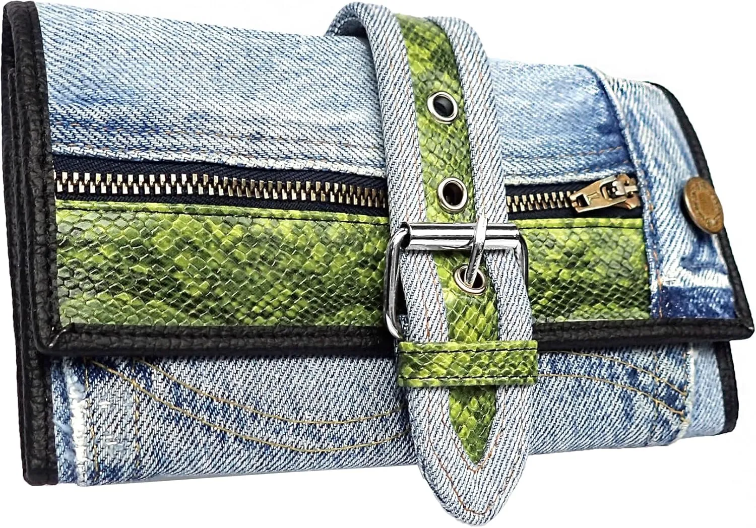 Upcycling Bifold Denim Wallet Decorated Snake skin PU leather Zipper and Buckle Accents Long Wallet Clutch Purse for Women (Green)