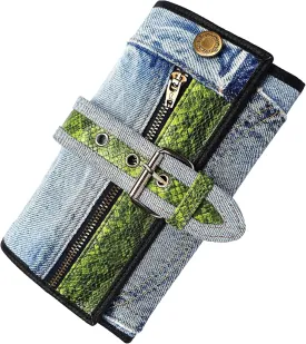 Upcycling Bifold Denim Wallet Decorated Snake skin PU leather Zipper and Buckle Accents Long Wallet Clutch Purse for Women (Green)